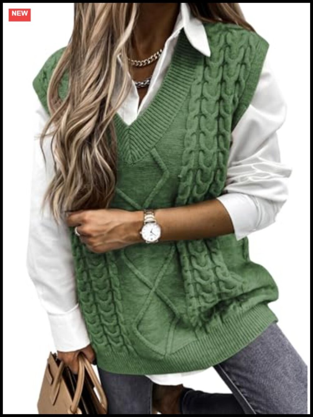 Oversized Cable Knit Sweater Vest V Neck Sleeveless Pullover
